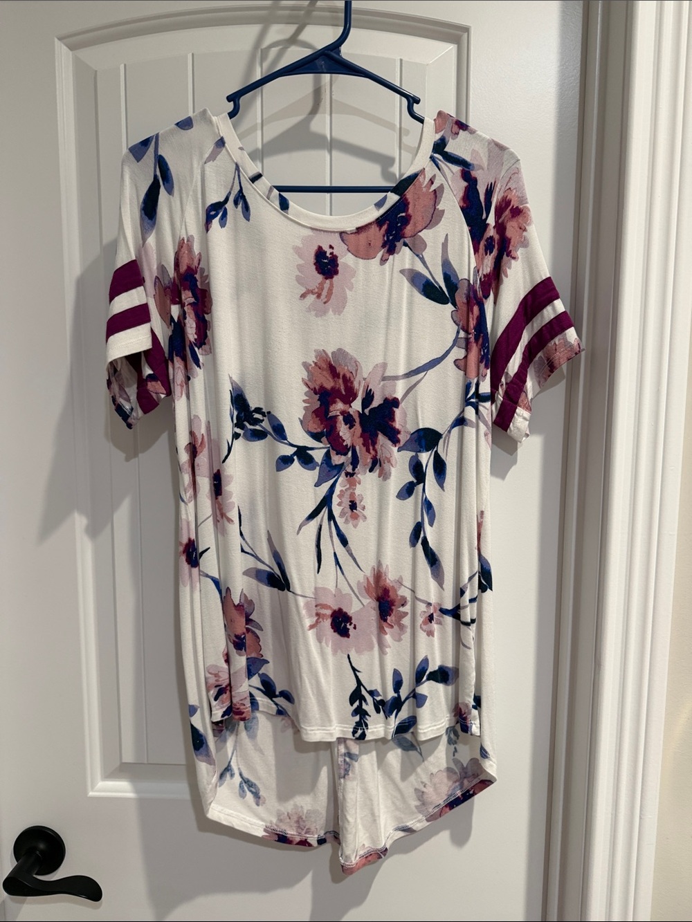 White Short Sleeve Floral Tunic with purple and Navy Accents